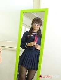 Azusa Misaki gets cock in mouth and cum in hairy pussy after school.